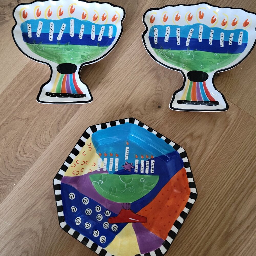Three Chanukah - Hanukkah ceramic serving plates - never used